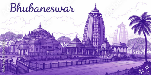 Bhubaneswar Skyline Sketch with Cultural Touch, Featuring Lingaraj Temple, Dhauli Stupa, Rajarani Temple and Odisha Heritage for Tourism and Travel Poster Use