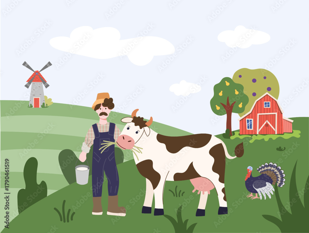 Naklejka premium Vector illustration of a smiling farmer standing with cow against a field, barn, windmill and turkey. Symbol of agriculture and farm life.