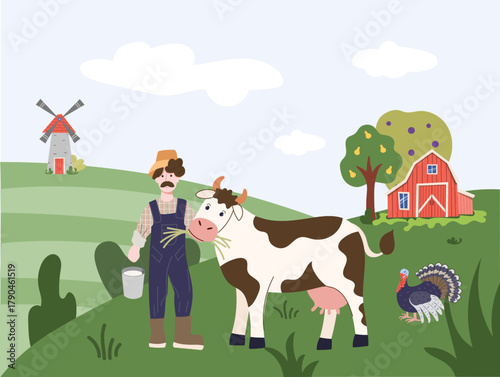 Vector illustration of a smiling farmer standing with cow against a field, barn, windmill and turkey. Symbol of agriculture and farm life.