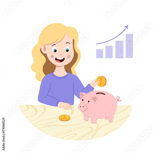 Vector illustration of a cute little girl putting a coin into a pink piggy bank, against a background of an ascending bar chart. Concept of financial literacy, savings, money supply growth for childre