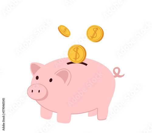 Vector illustration of a pink piggy bank with three gold dollar coins falling into the slot. Symbol of money saving, investment and financial literacy for children and adults.