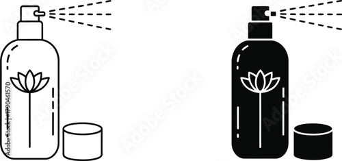 Minimalist Spray Bottle Illustration in Line Art and Silhouette Style with Lotus Flower Emblem Vector Design