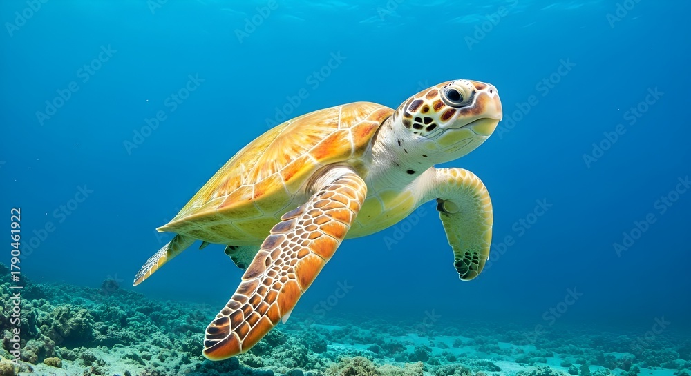 Fototapeta premium Majestic Green Sea Turtle Swimming in Blue Ocean Water, Underwater Wildlife Photography