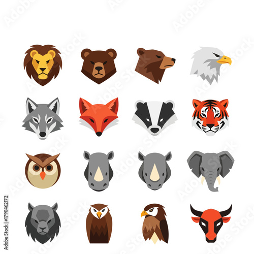 Collection of 15 colorful animal head icons featuring various wildlife species on a plain white background.