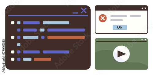 Programming interface, error popup with confirmation button, and video player window. Ideal for coding, errors, troubleshooting, learning, system design development and digital processes. Simple