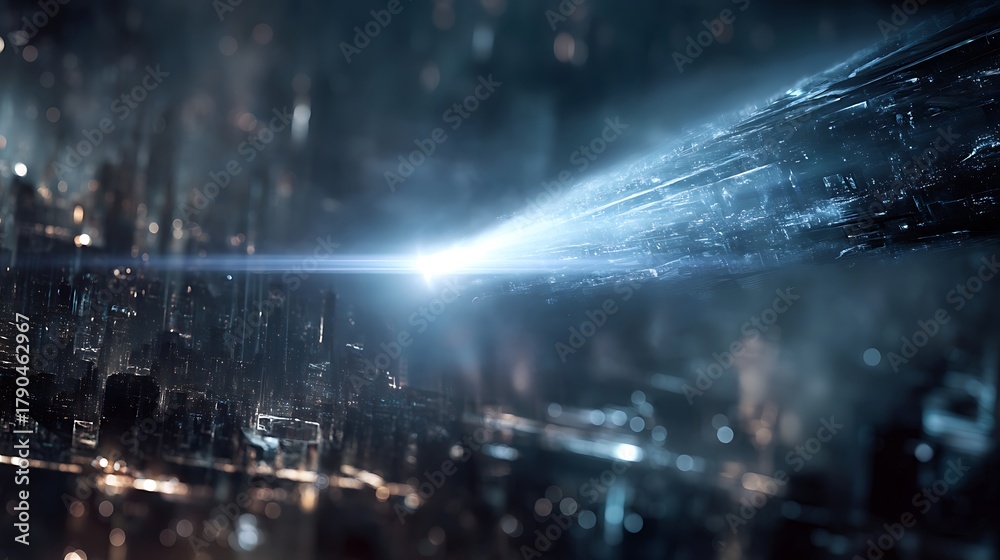 Naklejka premium Futuristic cityscape with a bright beam of light illuminating the skyline at night