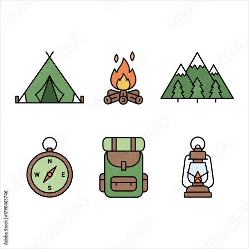 Flat design icons for camping and outdoor adventures, including tent, campfire, mountains, compass, backpack, and lantern for travel and nature themes