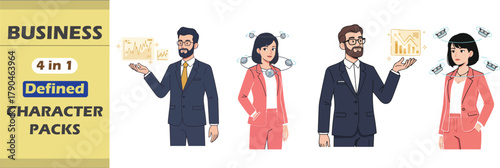 Startup Founder with Holographic Pitch & AI-Enhanced Sales Executive – Colourful Character Packs, Flat Vector Business Characters
