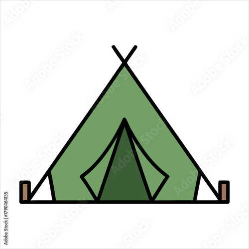 A stylized simple line art illustration of a classic A-frame camping tent, rendered in a soothing green hue, symbolizing outdoor adventure, travel, and wilderness exploration
