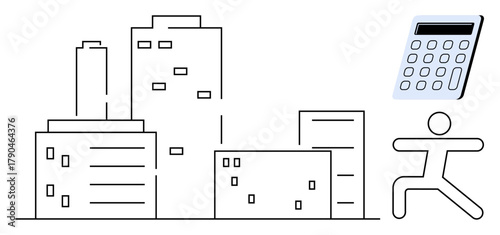 Minimalist building outlines beside a calculator and abstract human figure symbolizing urban development, business, and financial planning. Ideal for finance, economics, real estate, productivity