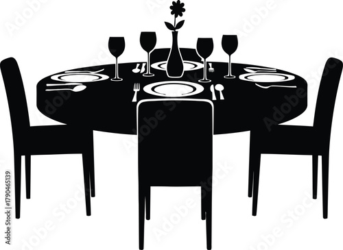 Black Silhouette of Round Dining Table with Four Chairs and Place Settings table setting cutlery