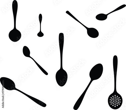 Scattered Black Silhouettes of Various Spoons on White Background cutlery silverware