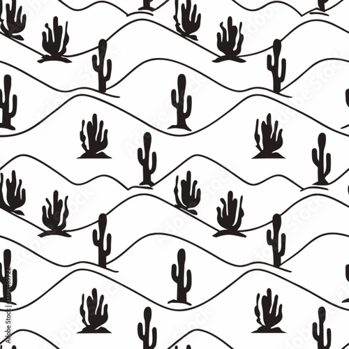 Minimilist black and white desert landscape pattern with cactus and shrubs on rolling hills illustration design vector