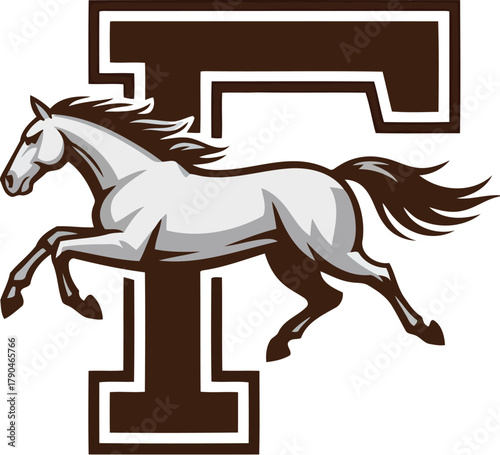 Horse galloping with letter f vector logo for team or school design very cool unique