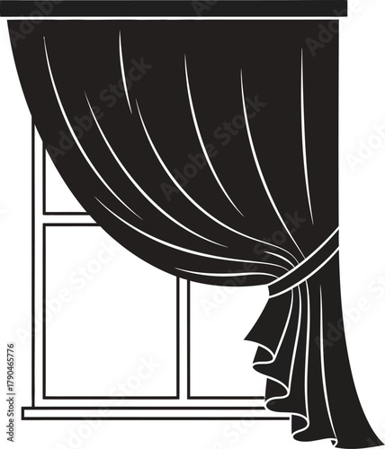 Black silhouette of a window with a single draped curtain tied back white