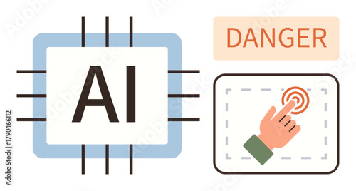AI chip with wires, warning label Danger, and hand pointing at screen. Ideal for technology caution, AI ethics, decision risk, digital systems, automation safety, critical thinking simple flat