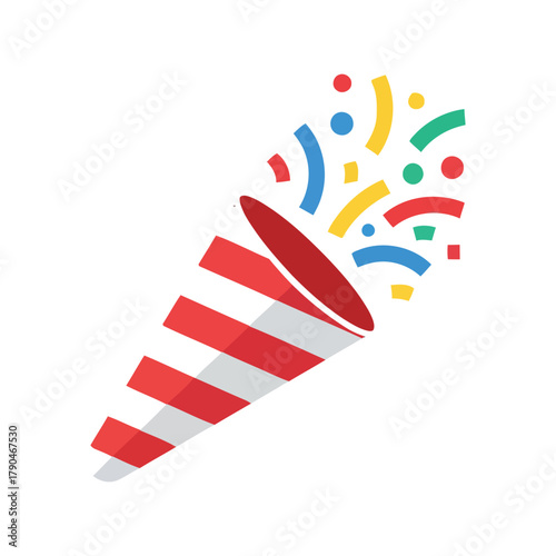 Exploding party popper releasing colorful confetti and streamers   celebration icon Vector, illustration