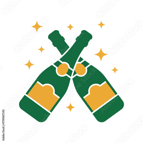 Two crossed champagne bottles with stars celebration vector icon Vector, illustration