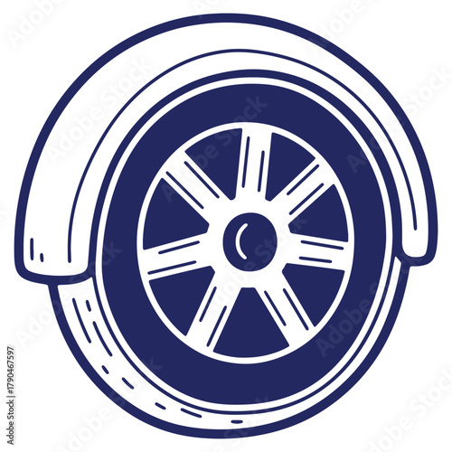 Stylized blue vector drawing of a wheel with a fender ideal for transport and vehicle design projects graphic element