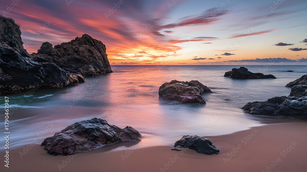 Obraz premium Maui Hawaii Sunset Cove Rocks Ocean Pink Orange Sky
