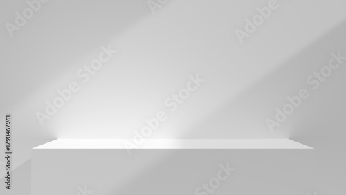 White table podium background with empty space and sunlight cozy summer display. white display for presentations and design. template room studio shot for cosmetics. white shelf table step wall