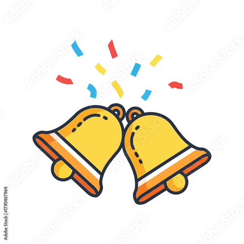 Golden celebration bells ringing with colorful confetti   festive icon Vector, illustration