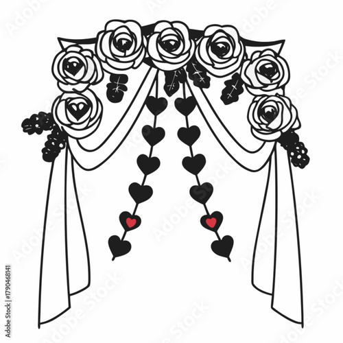 Minimilist floral archway adorned with heart garlands and draped fabric for a romantic celebration design vector