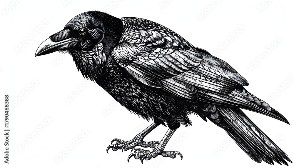 Fototapeta premium Raven's Profile: A detailed monochrome drawing of a raven in profile, captured with a blend of fine lines and shading, showing an intelligent gaze and the distinctive texture of its feathers.