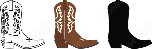 Classic Cowboy Boot Icon Set - Outline, Color, and Silhouette Vector