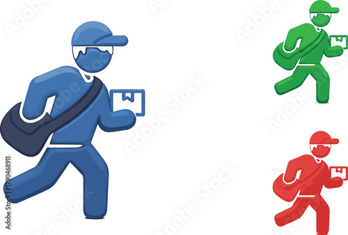 Running Postman or Delivery Man Icon Set - Mail and Courier Service Mascot