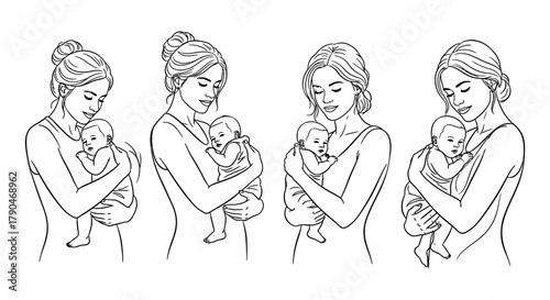 Line art of mothers holding babies in various poses on white background