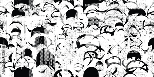Vintage modern atomic seamless pattern with speckled and grainy texture, inspired by1950s and 1960s atomic age design, featuring abstract geometric shapes and orbit motifs in black, vector design.