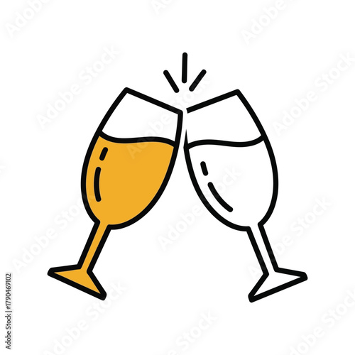 Two champagne glasses clinking together, celebrating toast, icon on white background Vector, illustration