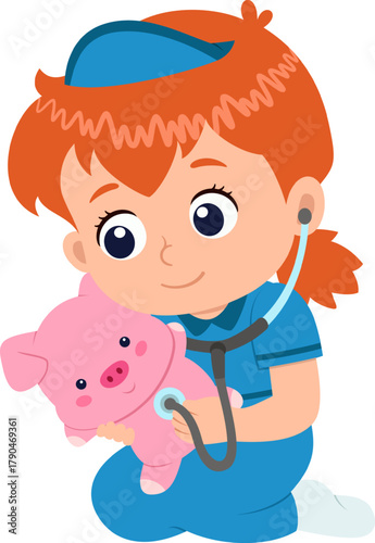 Cartoon toddler girl playing doctor, examining her plush teddy pig toy with stethoscope