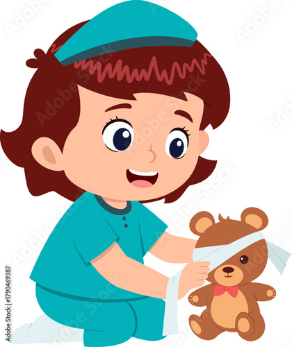 little kid wearing doctor costume and play with doll