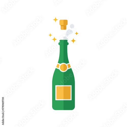 Green champagne bottle popping cork with bubbles and stars, celebration graphic Vector, illustration