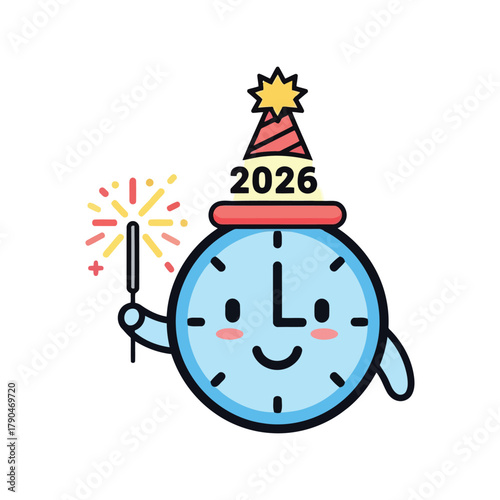 Cute cartoon clock with party hat and sparkler celebrating new year 2026 Vector, illustration