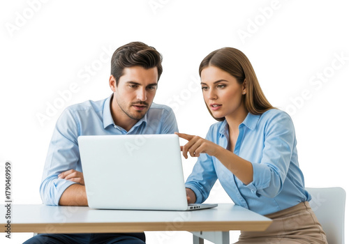 Focused team collaboration two colleagues working together on a laptop computer discussing a project transparent background