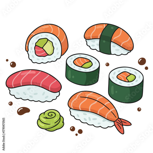 Cartoon Sushi Set with Nigiri, Maki Rolls, and Wasabi Illustration