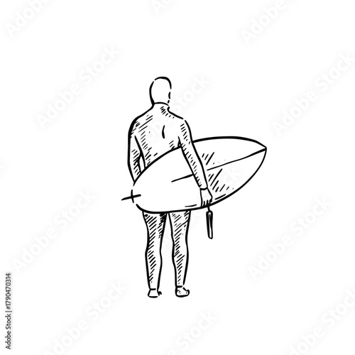 An illustration of a surfer man in a wetsuit. Black line art.