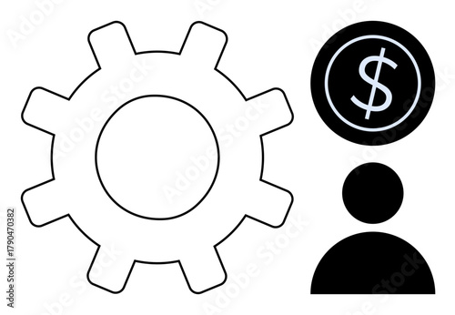 Gear, coin, person symbolizing productivity, financial management, and people. Ideal for business, economy, teamwork workforce operations industry system. Minimalist flat metaphor