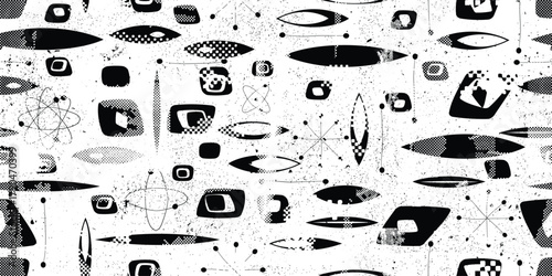Vintage modern atomic seamless pattern with speckled and grainy texture, inspired by1950s and 1960s atomic age design, featuring abstract geometric shapes and orbit motifs in black, vector design.