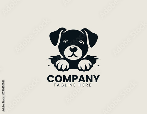 Cute puppy coming out of hole black vector logo illustration