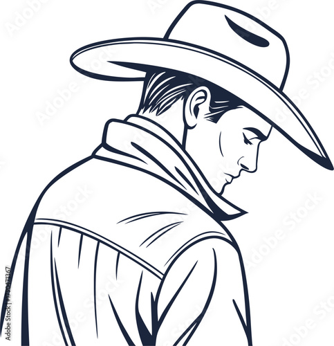 portrait of a cowboy wearing a hat, line art, minimal style