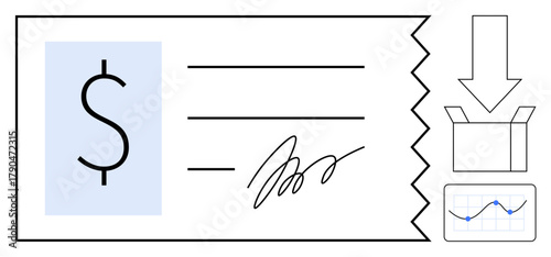 Receipt with dollar sign, signature, download arrow, box icon, and analytics chart. Ideal for finance, banking, transactions invoicing bookkeeping analytics e-commerce. Simple flat metaphor