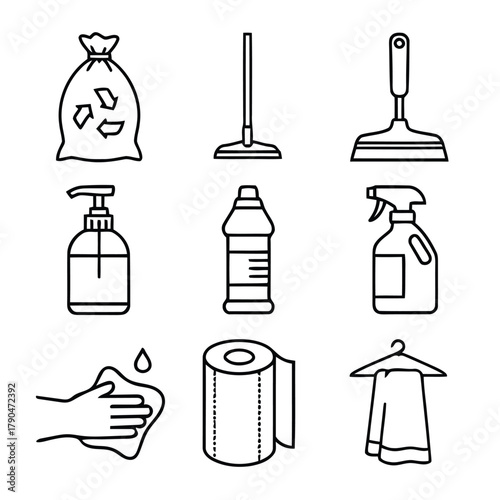 Collection of simple line art icons representing cleaning supplies and tools