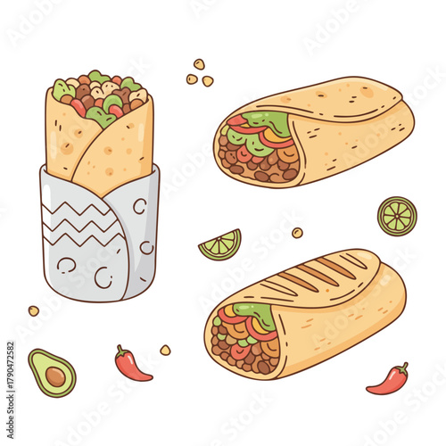 Cartoon Burrito Set with Filling, Avocado, Lime, and Chili Illustration