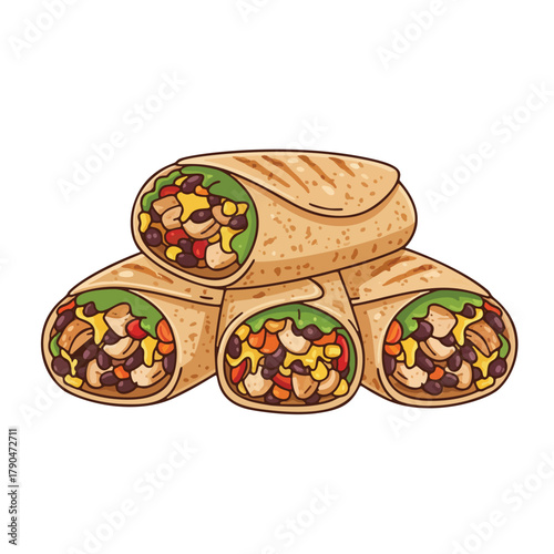 Cartoon Burrito Stack with Colorful Filling Illustration