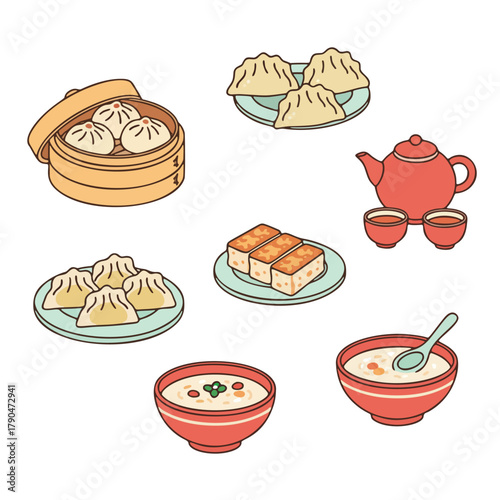 Cartoon Dim Sum Set with Steamed Buns, Dumplings, Congee, and Tea Illustration