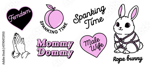 Vector illustration of cartoon-style graphics in pink and black colors. The theme combines femdom, kink, and BDSM elements with cute shapes, hearts, and a bunny. Fashion badges and stickers design.